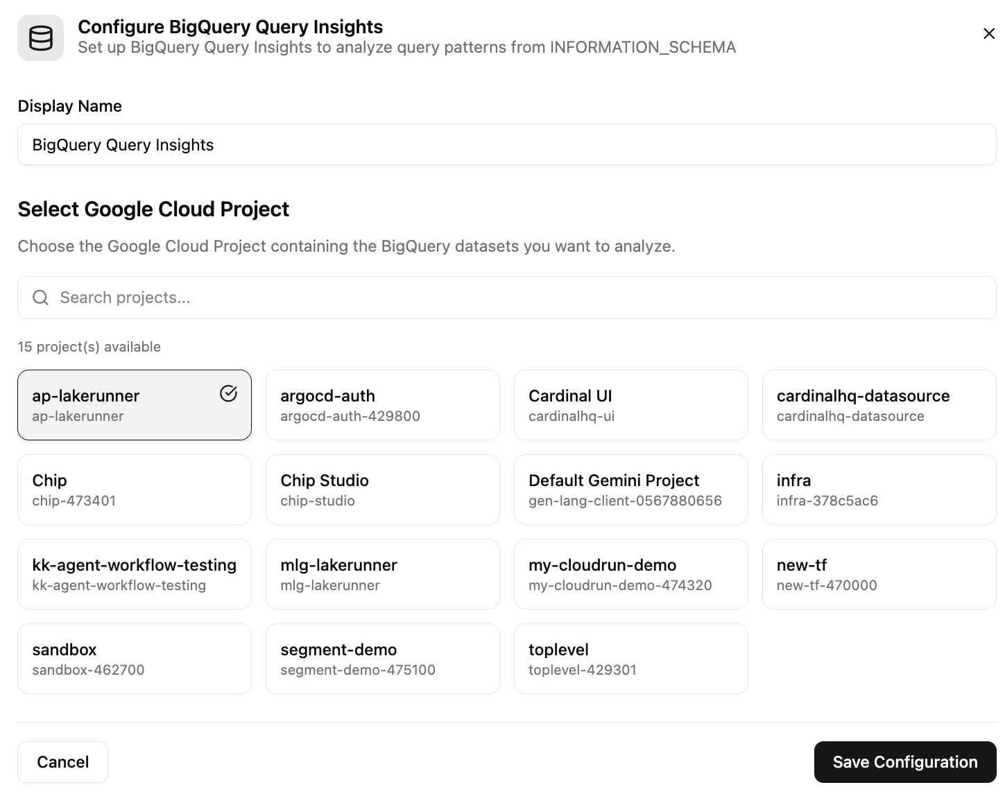 BigQuery Insights setup wizard