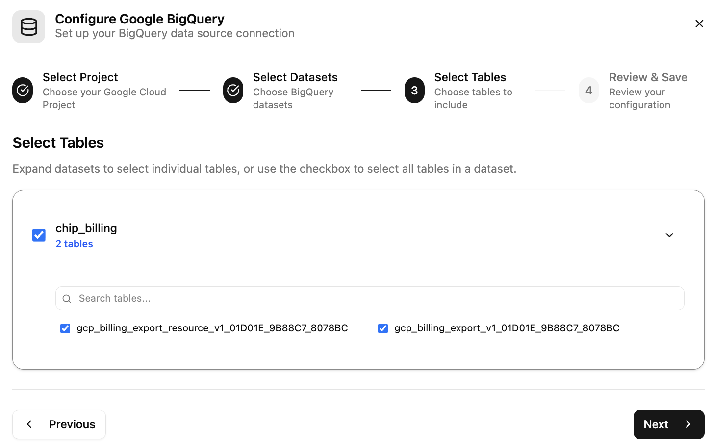 Step 3: Select Datasets and Tables